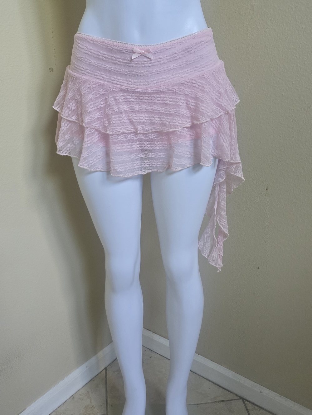 Soft Pink Lace Asymmetrical Ruffle Mini Skirt